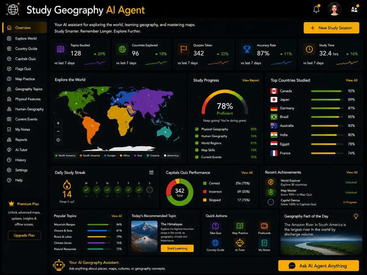 studygeography.app AI study geography agent — study geography dashboard preview